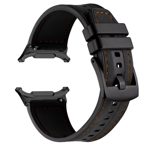 MYBANDZ Kívül puha bőr belül szilikon óraszíj/fekete-barna varrás/Samsung Galaxy Watch Ultra