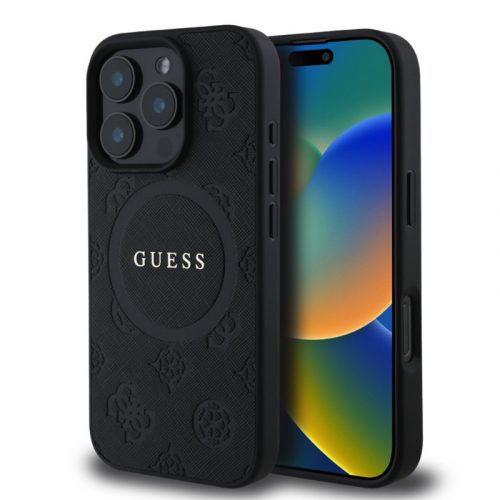 Guess Saffiano Peony Stamp Apple iPhone 16 Pro (6.3) hátlapvédő tok fekete (GUHMP16LPSAPSMEK)