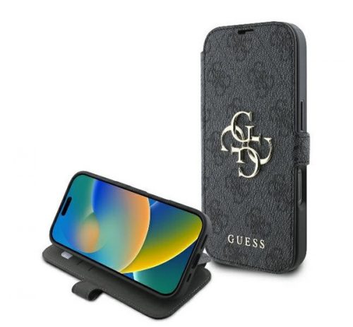 Guess 4G Metal Logo iPhone 16 Pro flip/oldalra nyíló tok, fekete GUBKP16L4GMGGR