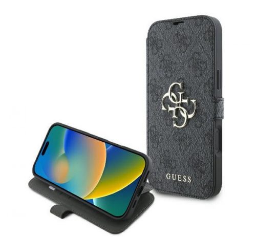 Guess 4G Metal Logo iPhone 16 Plus flip/oldalra nyíló tok, fekete GUBKP16M4GMGGR