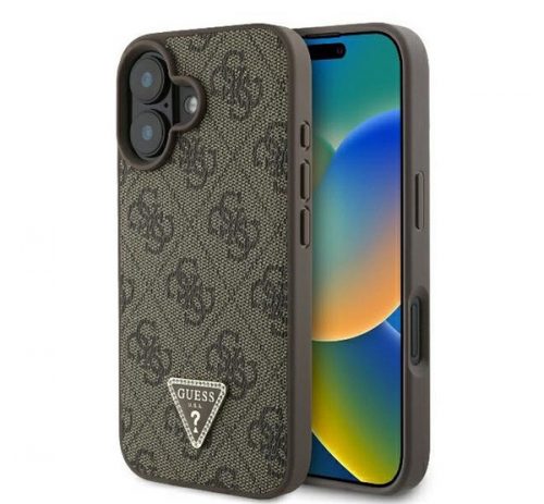 Guess Leather 4G Triangle Strass iPhone 16 Plus kemény hátlap tok, barna GUHCP16MP4TDPW