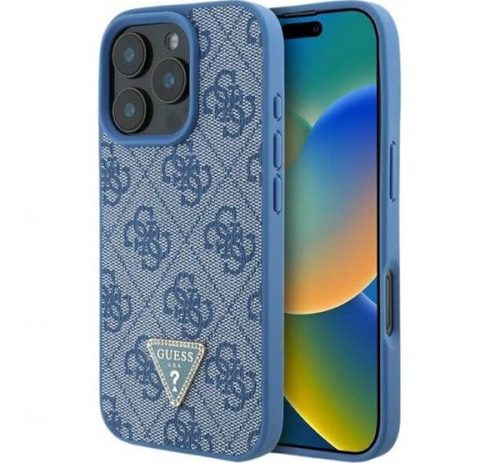 Guess Leather 4G Triangle Strass iPhone 16 kemény hátlap tok, kék GUHCP16SP4TDPB