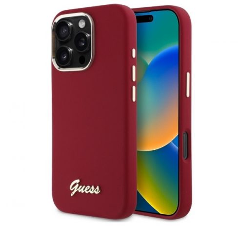 Guess Silicone Script Metal Logo iPhone 16 Pro Max kemény hátlap tok, magenta GUHCP16XSMBSLM