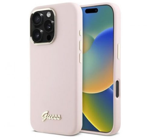 Guess Silicone Script Metal Logo iPhone 16 Pro Max kemény hátlap tok, rózsaszín GUHCP16XSMBSLP