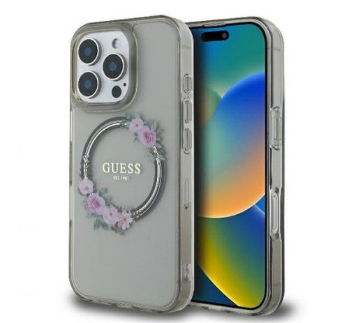 Guess IML Flowers Wreath iPhone 16 Pro MagSafe kemény hátlap tok, fekete GUHMP16LHFWFCK