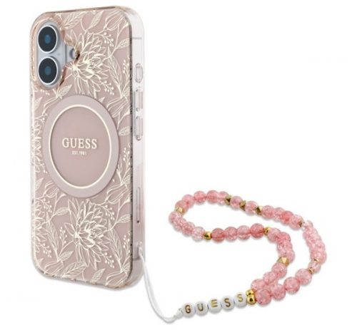 Guess IML Flowers Allover Electro iPhone 16 Plus kemény hátlap tok pánttal, rózsaszín GUHMP16MHCPOFPP