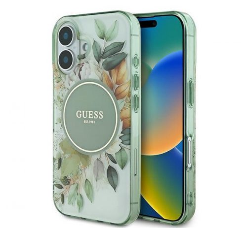 Guess IML Flower & Tonal Circle iPhone 16 Plus kemény hátlap tok, zöld GUHMP16MHFWBDCEN