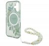 Guess IML Flowers iPhone 16 Plus kemény hátlap tok karpánttal, zöld GUHMP16MHFWBRCESN