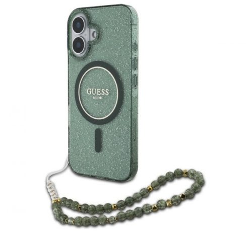 Guess IML Glitter iPhone 16 Plus MagSafe kemény hátlap tok karpánttal, zöld GUHMP16MHGCRELSA