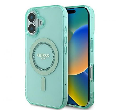 Guess IML Rhinestones MagSafe iPhone 16 Plus kemény hátlap tok, zöld GUHMP16MPFTDTEN