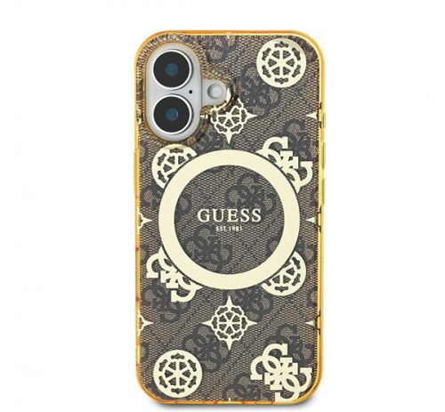 Guess IML Peony On 4G Background iPhone 16 MagSafe kemény hátlap tok, barna GUHMP16SH4PYEEW