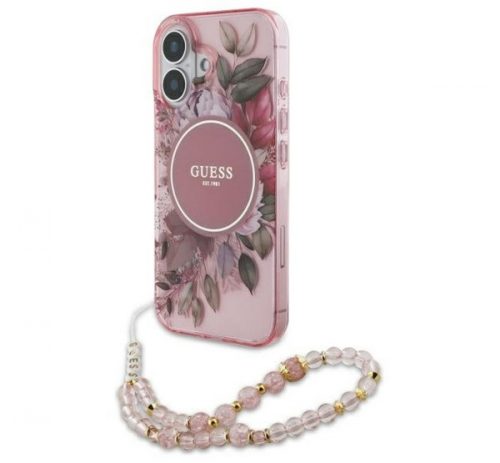 Guess IML Flowers iPhone 16 kemény hátlap tok karpánttal, rózsaszín GUHMP16SHFWBRCESP