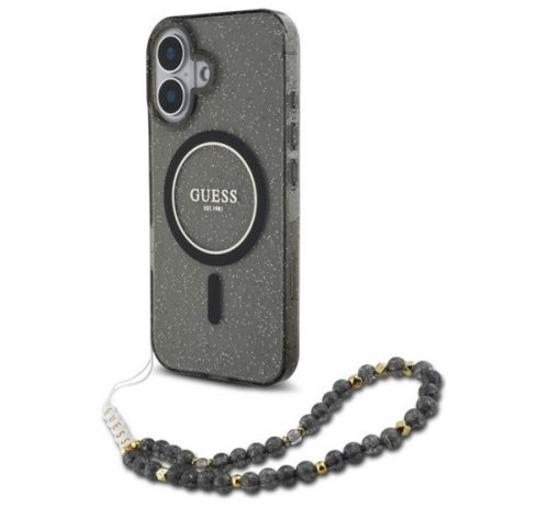 Guess IML Glitter iPhone 16 MagSafe kemény hátlap tok karpánttal, fekete GUHMP16SHGCRELSK