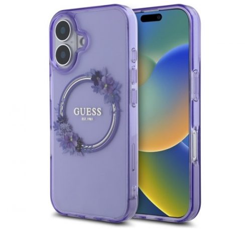 Guess IML Flowers Wreath iPhone 16 MagSafe kemény hátlap tok, lila GUHMP16SHFWFCU