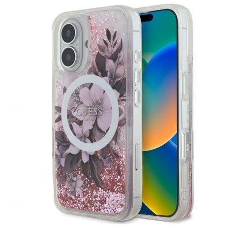 Guess Liquid Glitter Flower iPhone 16 MagSafe kemény hátlap tok, rózsaszín GUHMP16SLFMWTP