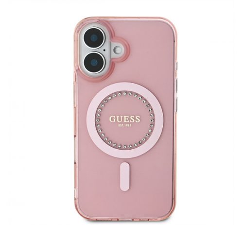 Guess IML Rhinestones MagSafe iPhone 16 kemény hátlap tok, rózsaszín GUHMP16SPFTDTEP