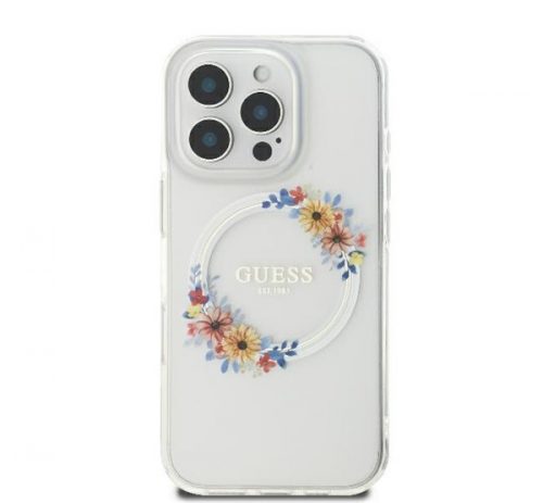 Guess IML Flowers Wreath iPhone 16 Pro Max MagSafe kemény hátlap tok, átlátszó GUHMP16XHFWFCT