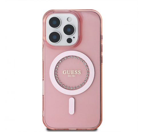 Guess IML Rhinestones MagSafe iPhone 16 Pro Max kemény hátlap tok, rózsaszín GUHMP16XPFTDTEP