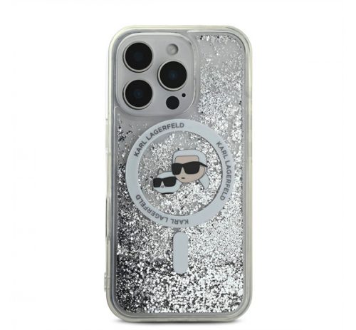 Karl Lagerfeld Liquid Glitter Karl&Choupette Head iPhone 16 Pro Max Magsafe hátlap tok, átlátszó KLHMP16XLGKCSGH