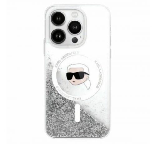 Karl Lagerfeld Liquid Glitter Karl Head iPhone 16 Pro Max Magsafe hátlap tok, átlátszó KLHMP16XLGKISGH