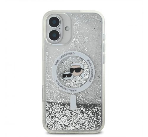 Karl Lagerfeld Liquid Glitter Karl&Choupette Head iPhone 16 Magsafe hátlap tok, átlátszó KLHMP16SLGKCSGH 