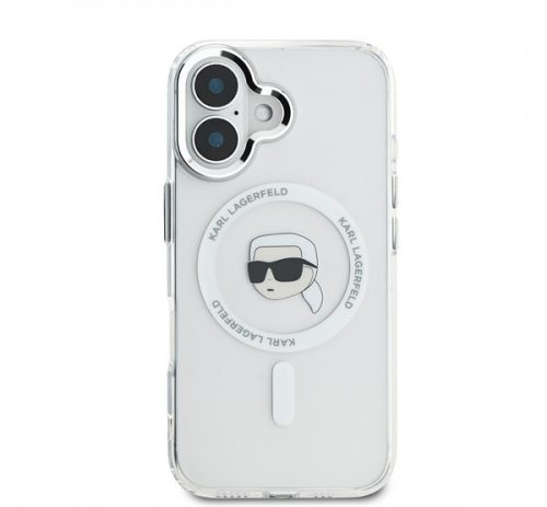 Karl Lagerfeld IML Metal Karl Head iPhone 16 MagSafe kemény hátlap tok, fehér KLHMP16SHLSKIH