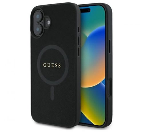 Guess Saffiano Classic Logo iPhone 16 MagSafe hátlap tok, fekete GUHMP16SPSAHMCK