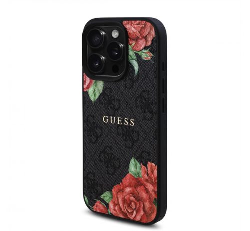 Guess PU Leather 4G Roses iPhone 16 Pro MagSafe műbőr tok, fekete-rózsa