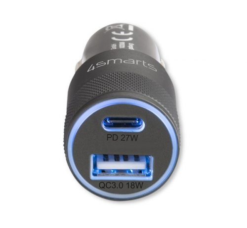 4smarts Rapid+ autós szivargyújtó gyorstöltő, Type-C + USB, PD, 27W, szürke