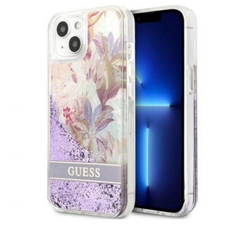 Guess Liquid Glitter Flower Apple iPhone 13 hátlap tok, lila