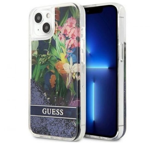 Guess Liquid Glitter Flower Apple iPhone 13 mini hátlap tok, kék