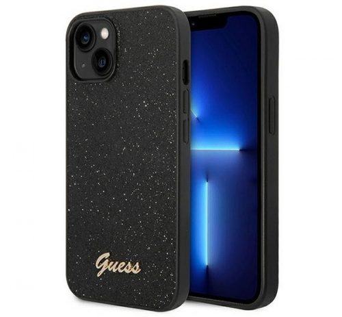 Guess Glitter Flakes Metal Logo Apple iPhone 14 hátlap tok, fekete