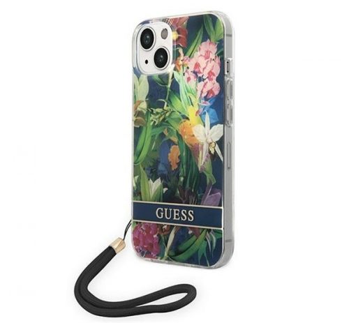 Guess Flower Strap Apple iPhone 14 hátlap tok, kék