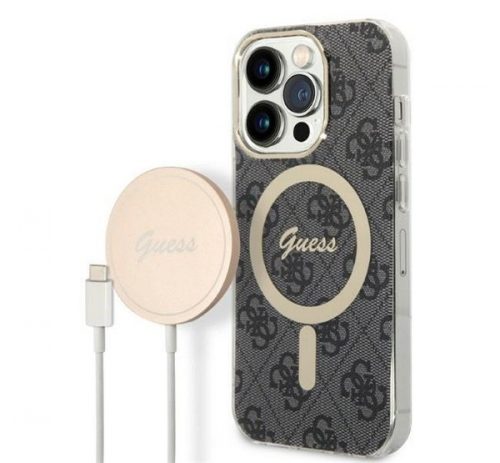 Guess 4G Print MagSafe Apple iPhone 14 Pro hátlap tok, fekete + MagSafe töltő