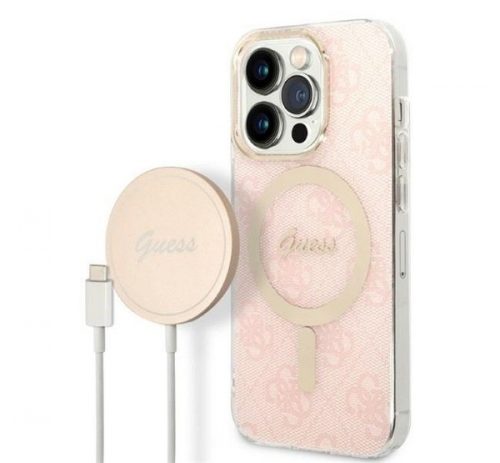 Guess 4G Print MagSafe Apple iPhone 14 Pro hátlap tok, pink + MagSafe töltő