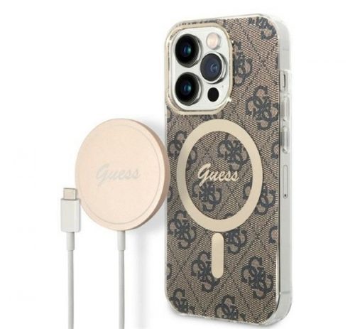 Guess 4G Print MagSafe Apple iPhone 14 Pro hátlap tok, barna + MagSafe töltő