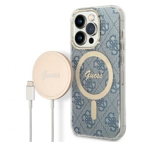 Guess 4G Print MagSafe Apple iPhone 14 Pro Max hátlap tok, kék + MagSafe töltő