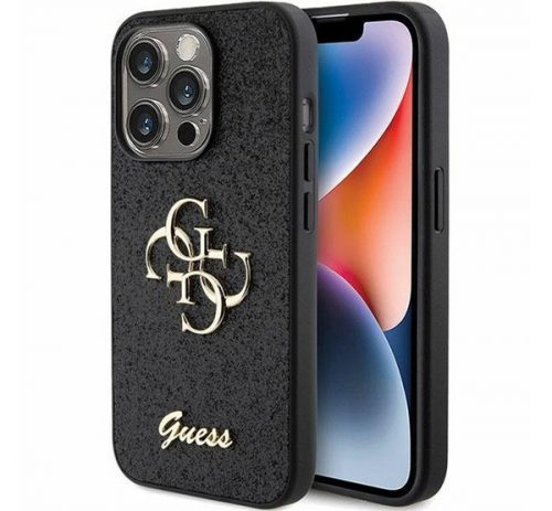 Guess Glitter Script Big 4G Apple iPhone 15 Pro hátlap tok, fekete