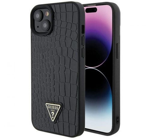 Guess Croco Triangle Metal Logo Apple iPhone 15 hátlap tok, fekete