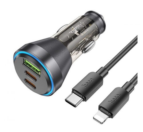 Hoco NZ12D autós szivargyújtó töltő USB QC 18W + 2xType-C 30W Type-C kábellel, ( Lightning PD60W ) átlátszó-fekete