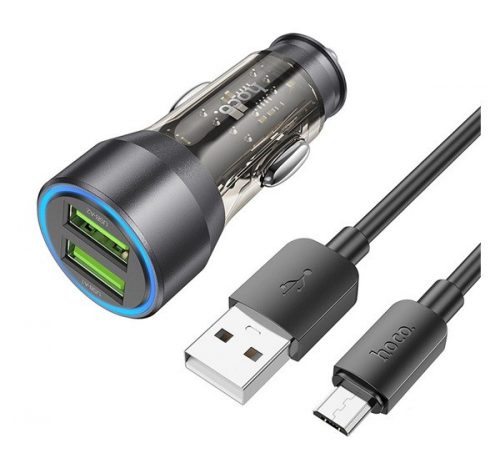 Hoco NZ12 autós szivargyújtó töltő 2xUSB QC + microUSB kábel, 18W, átlátszó-fekete