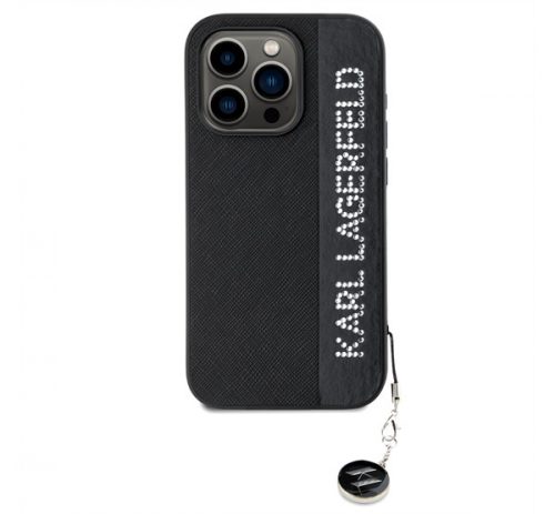 Karl Lagerfeld PU Saffiano Rhinestone Charm Apple iPhone 15 Pro  hátlap tok, fekete