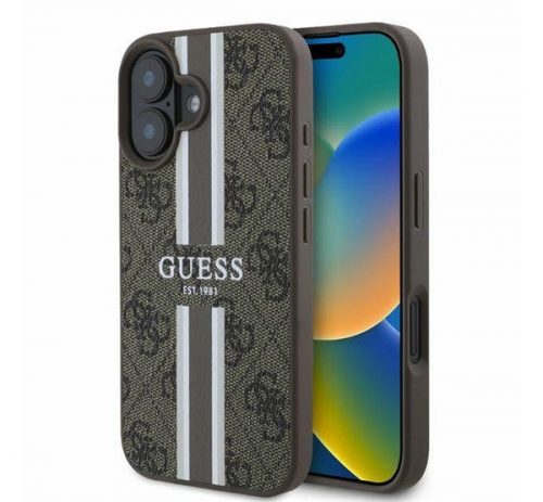 Guess 4G Printed Stripes MagSafe Apple iPhone 16 hátlap tok, barna GUHMP16SP4RPSW