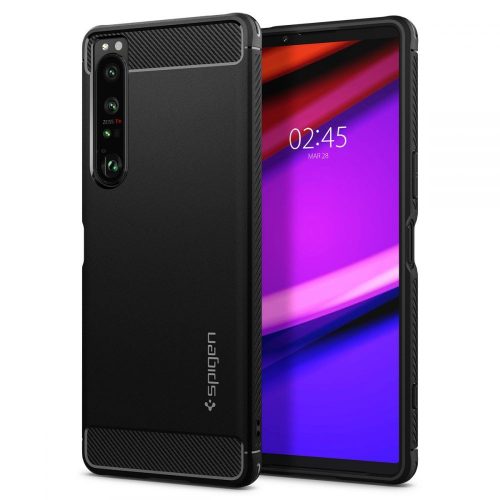 Sony Xperia 1 IV, Szilikon tok, Spigen Rugged Armor, karbon minta, fekete