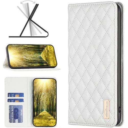 Samsung Galaxy A73 5G SM-A736B, Oldalra nyíló tok, stand, kártyatartóval, 3D rombusz minta, Wooze Pillow, fehér