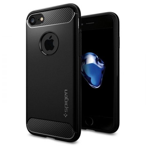 Apple iPhone 7 / 8, TPU szilikon tok, Spigen Rugged Armor, karbon minta, fekete