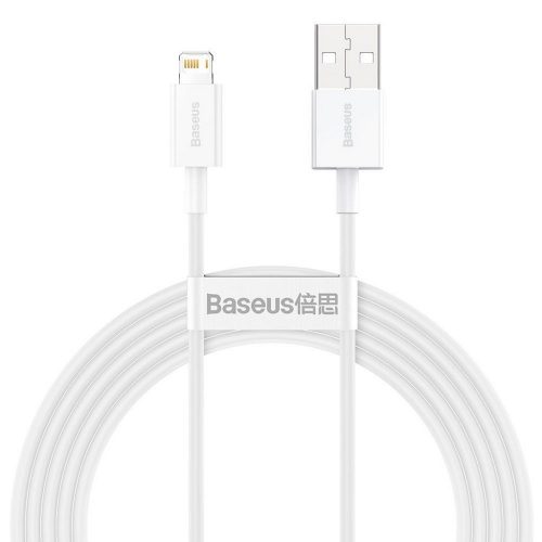 USB töltő- és adatkábel, Lightning, 200 cm, 2400 mA, törésgátlóval, gyorstöltés, PD, Baseus Superior, CALYS-C02, fehér