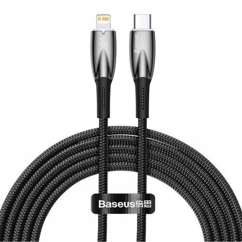 USB Type-C töltő- és adatkábel, Lightning, 200 cm, 2400mA, 20W, törésgátlóval, gyorstöltés, PD, Baseus Glimmer, CADH000101, fekete