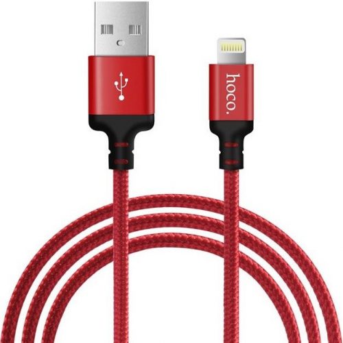 USB töltő- és adatkábel, Lightning, 100 cm, 2400 mA, törésgátlóval, gyorstöltés, cipőfűző minta, Hoco X14 Time Speed, piros