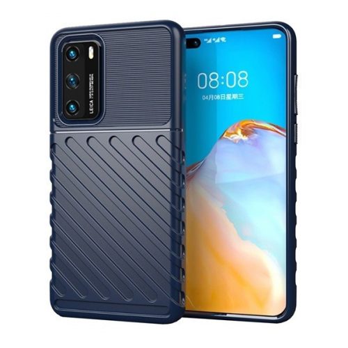 Huawei P40, Szilikon tok, közepesen ütésálló, domború csíkos minta, sötétkék